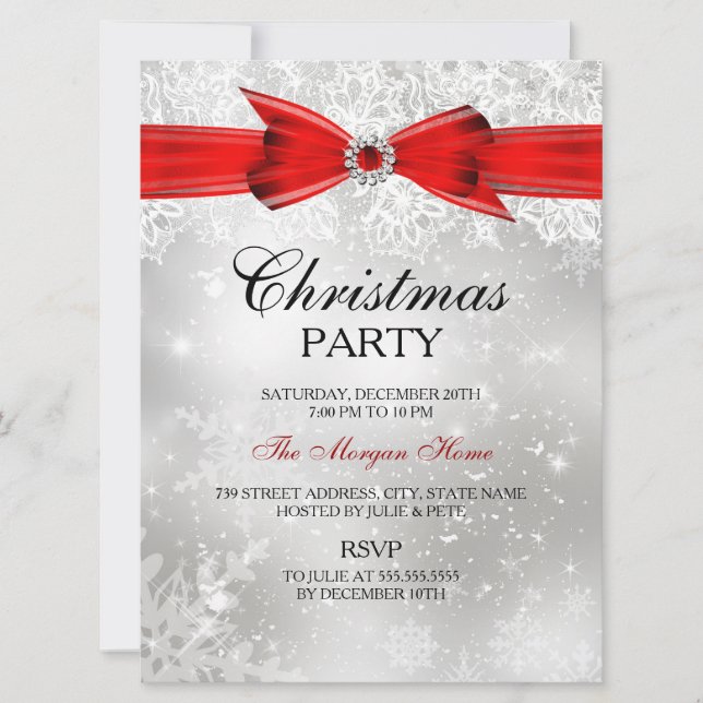 Invitation de Noël argentée rouge en dentelle et r (Devant)