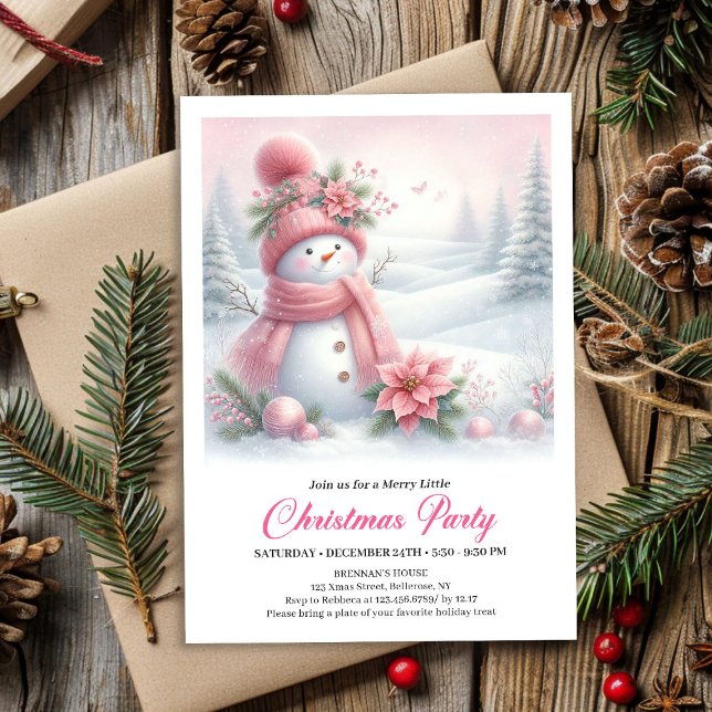 Invitation de Noël au bonhomme de neige rose dans  (Dreamy Snowy Forest Pink Snowman Christmas Invite Download)