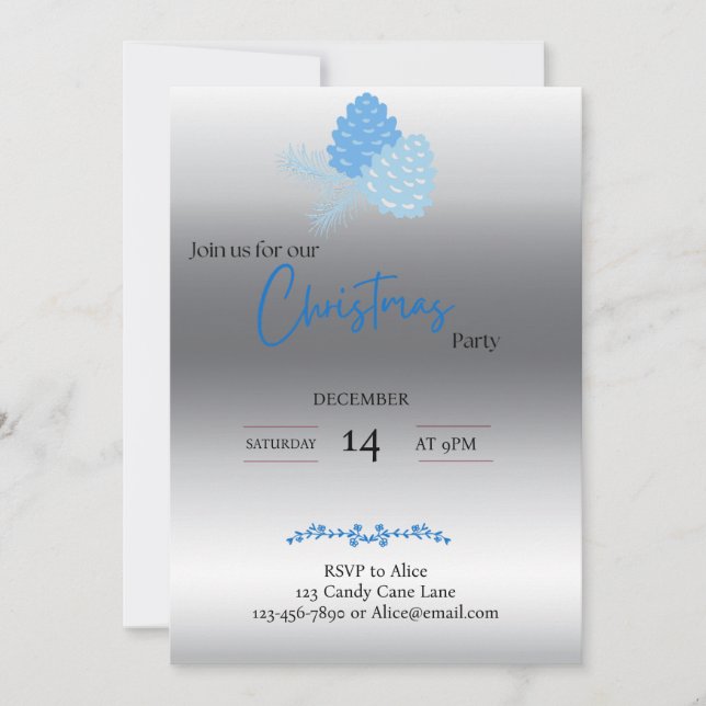 Invitation de Noël au cône de pin bleu et argent (Devant)