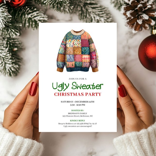 Invitation de Noël au pull moche moderne et amusan (Fun Modern Ugly Sweater Christmas Invitation)