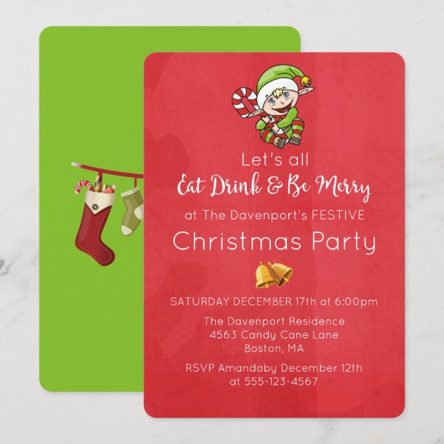 Invitation de Noël avec un elfe mignon et une cann (Devant / Derrière)