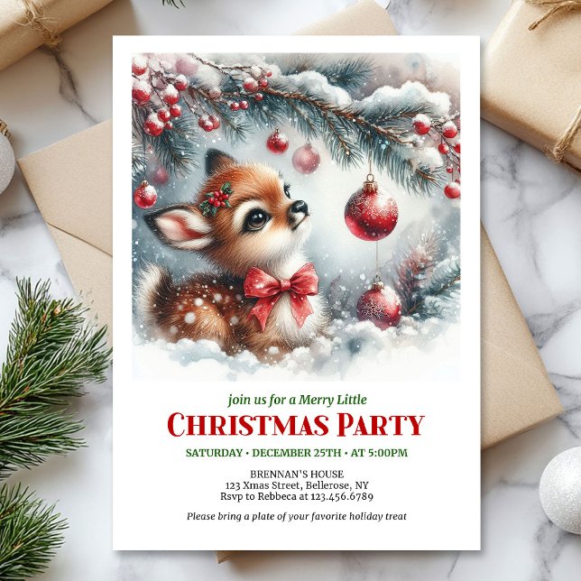 Invitation de Noël bébé cerf forêt enneigée aquare (Cozy winter baby deer snowy forest watercolor Christmas invitation

)