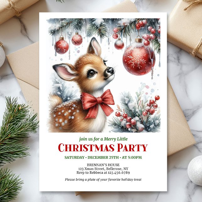 Invitation de Noël bébé cerf forêt enneigée festiv (Festive snowy forest baby deer Christmas invite editable)
