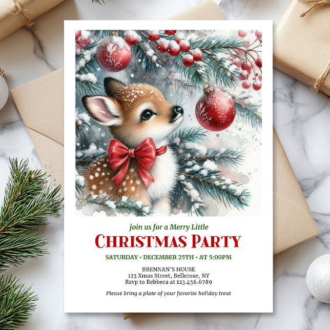 Invitation de Noël bébé cerf forêt enneigée lumine (Bright snowy forest baby deer Christmas invitation)