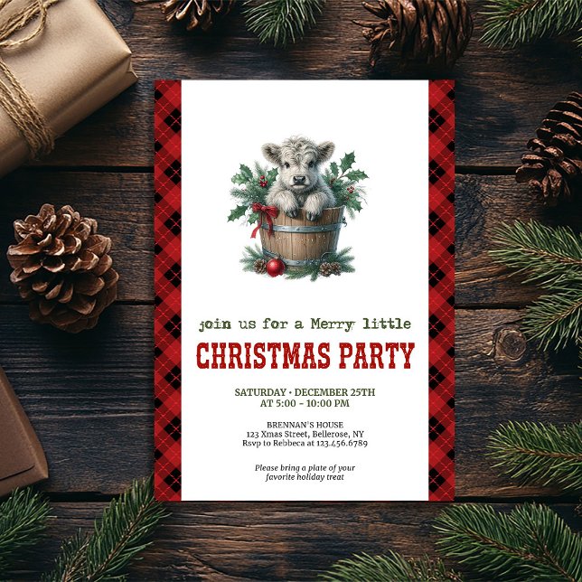 Invitation de Noël classique de vache des Highland (Classic highland cow Christmas invite red florals

)