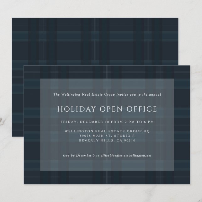 Invitation de Noël d'affaires à carreaux bleus (Devant / Derrière)