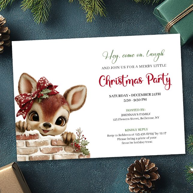 Invitation de Noël de bébé cerf mignon dessin anim (Merry baby deer Christmas cute cartoon invite template)