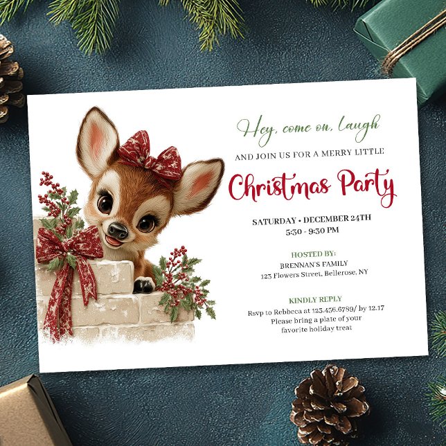 Invitation de Noël éditable avec un renne mignon q (Cute peeking reindeer Xmas invite editable file)
