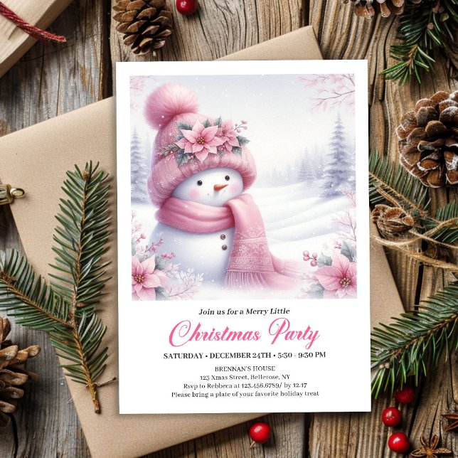 Invitation de Noël éditable Charmant Bonhomme de N (Charming Pink Snowman Editable Christmas Invite for Kids)