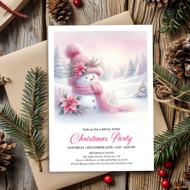 Invitation de Noël Forêt enneigée lumineuse avec b (Bright Snowy Forest Pink Snowman Christmas Invite Digital)