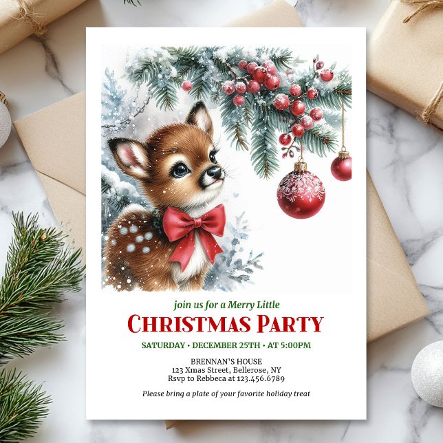 Invitation de Noël imprimable pour enfants avec un (Cute baby deer Christmas kids invitation printable card)
