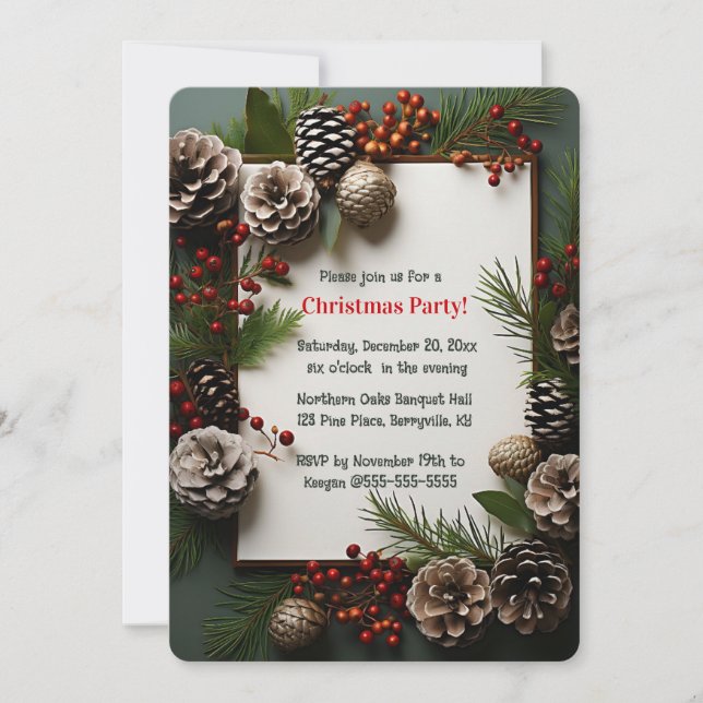 Invitation de Noël Modifiable avec Cônes de Pin et (Devant)