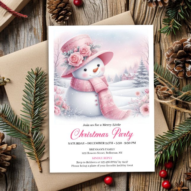 Invitation de Noël modifiable Bonhomme de neige ro (Enchanting Pink Snowman Editable Christmas Invite Download)