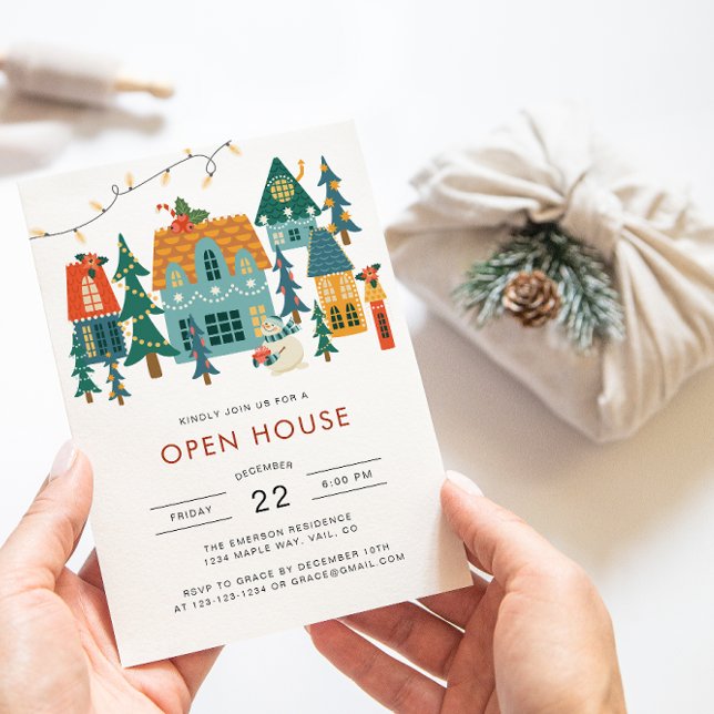 Invitation de Noël Open House (Cute Retro Holiday Houses Open House Christmas Invitation by Painted Paperie)