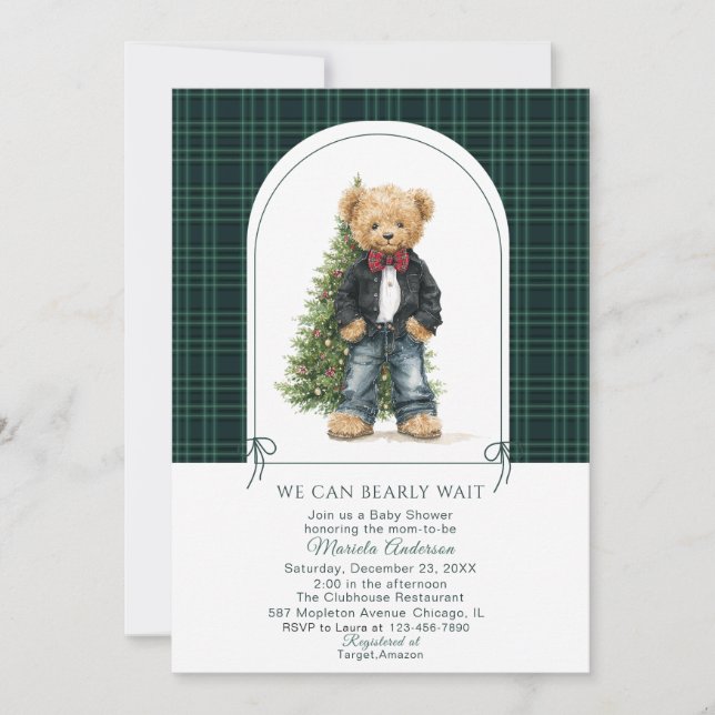 Invitation de Noël ourson en aquarelle hiver (Devant)