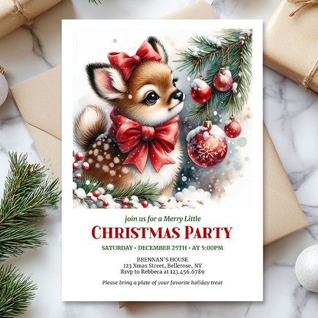 Invitation de Noël pour enfants à l'aquarelle avec (Serene baby deer watercolor Christmas kids invite editable)