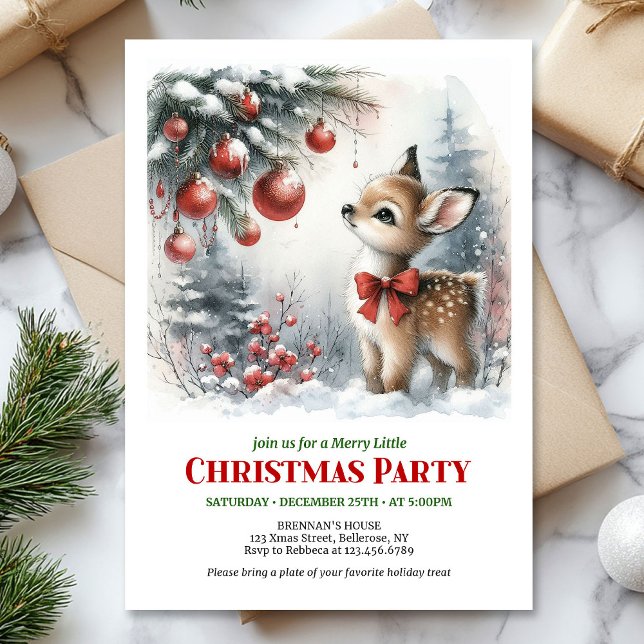 Invitation de Noël pour enfants à l'aquarelle avec (Merry baby deer watercolor Christmas kids invite digital download)