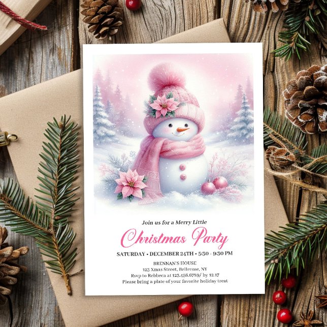 Invitation de Noël pour enfants au bonhomme de nei (Enchanting Pink Snowman Kids Christmas Invite Digital File)