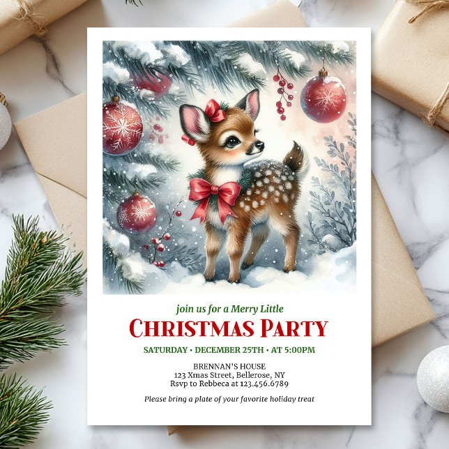 Invitation de Noël pour enfants avec un bébé cerf  (baby deer Christmas invite,
snowy forest Christmas card,
watercolor Christmas invitation,
red green )