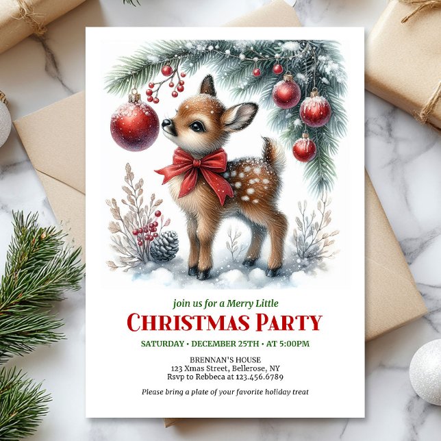 Invitation de Noël pour enfants avec un bébé cerf  (Cute baby deer Christmas kids invitation editable digital card)