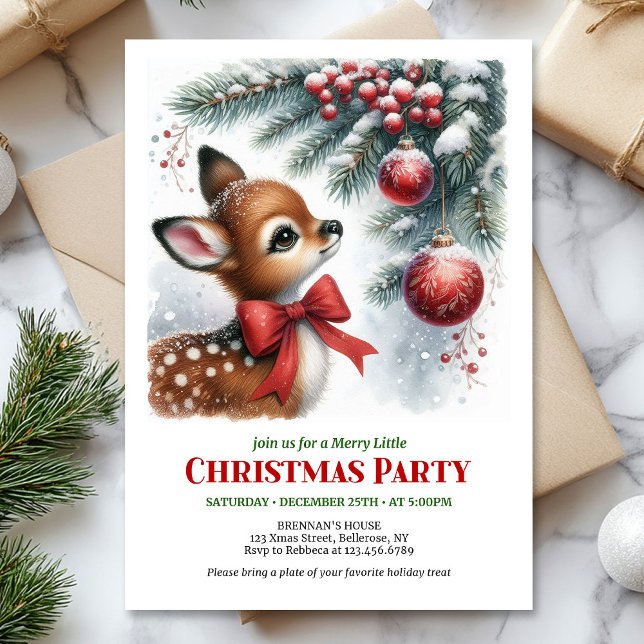 Invitation de Noël pour enfants avec un jeune cerf (Cozy snowy forest baby deer Christmas invite digital download)