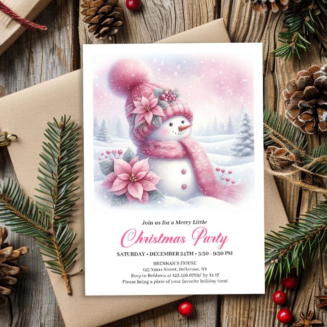 Invitation de Noël pour enfants éditable Luxe Bonh (Luxury Pink Snowman Kids Editable Christmas Invitation

)