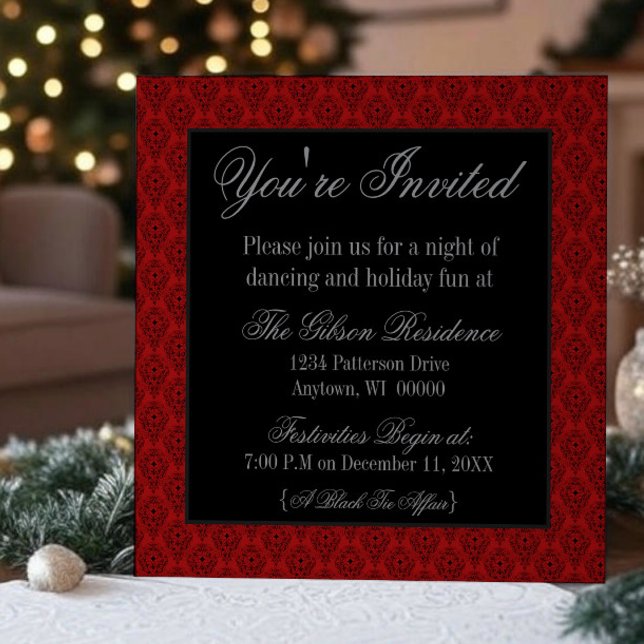 Invitation de Noël Radiant Damask, Rouge (Red Radiant Damask Christmas Party Invitation)