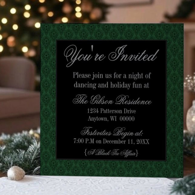 Invitation de Noël Radiant Damask, Vert foncé (Dark Green Radiant Damask Christmas Party Invitation)