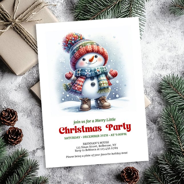 Invitation de Noël raffinée avec bonhomme de neige (Refined Christmas snowman invite kids holiday editable

)