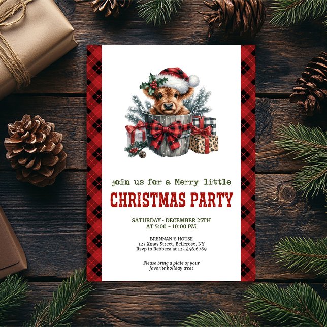 Invitation de Noël rustique avec illustration de v (Rustic Christmas invitation with highland cow art)