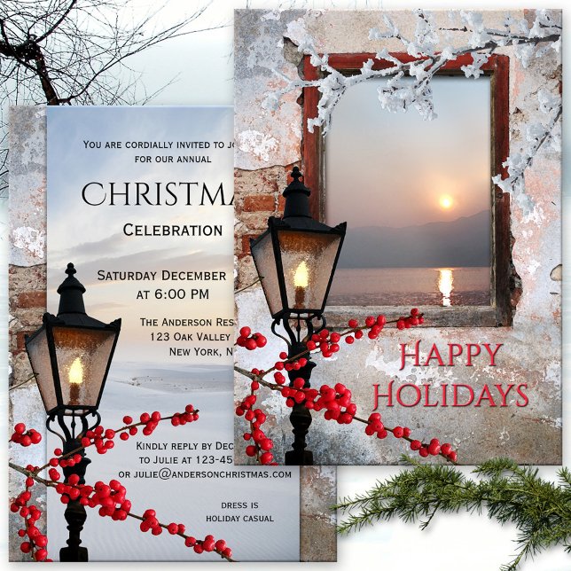 Invitation de Noël Rustique d'hiver (A bohemian chic rustic winter or Christmas party invitation with antique lantern)