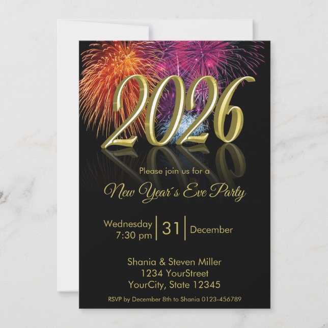 Invitation de Nouvel An 2026 avec Feu d'Artifice B (Devant)