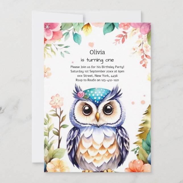 Invitation de Owl First Birthday (Devant)