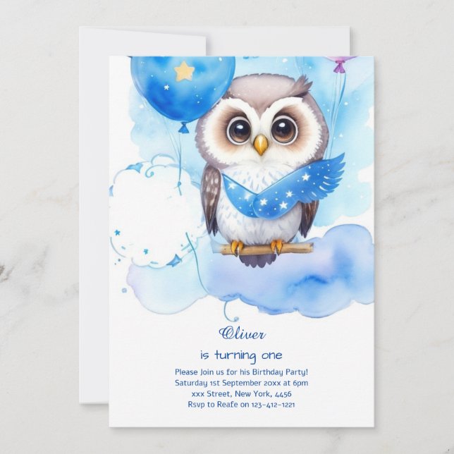 Invitation de Owl First Birthday (Devant)