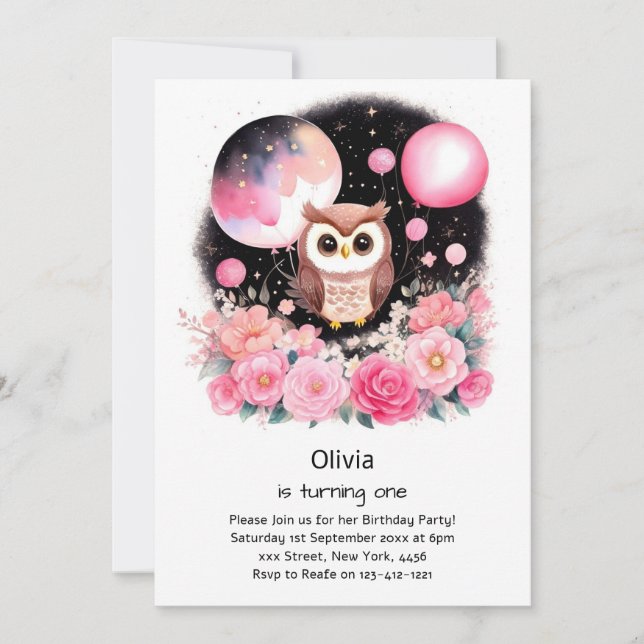 Invitation de Owl First Birthday (Devant)