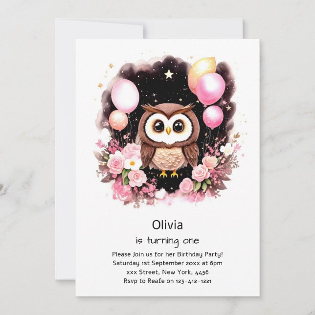 Invitation de Owl First Birthday (Devant)