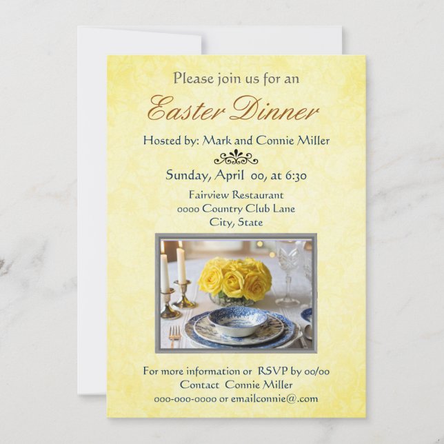 Invitation de Pâques élégante jaune avec des roses (Devant)