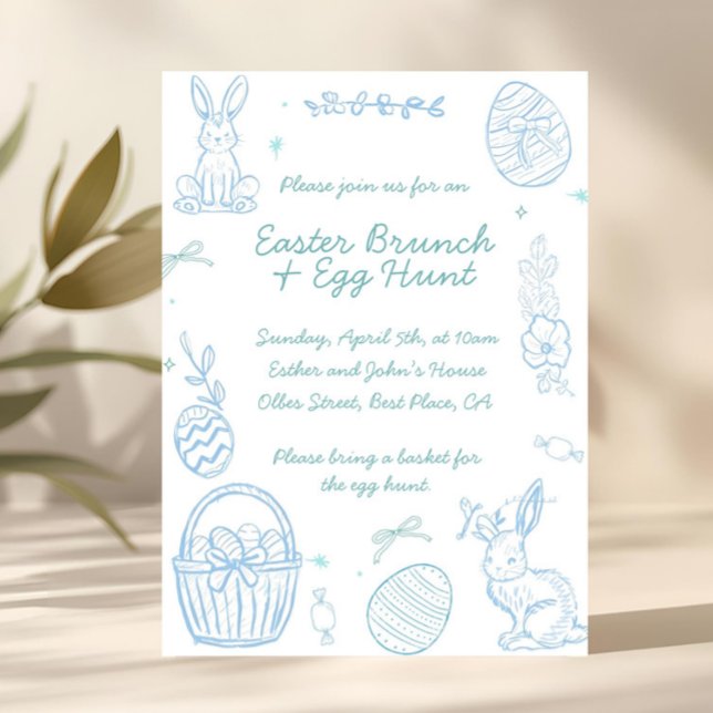 Invitation de Pâques Fantaisiste pour Brunch & Cha (hand drawn easter, minimalist easter invitation, kids easter party, family easter brunch, spring par)