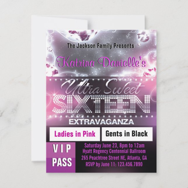 Invitation de passe VIP du Sweet sixteen de brilla (Devant)