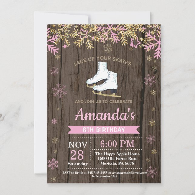 Invitation de patin de rose de fête d'anniversaire (Devant)
