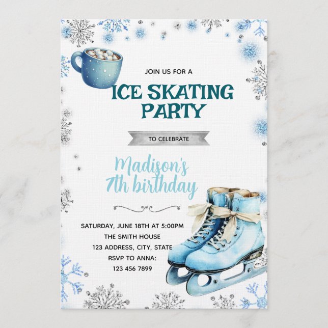 Invitation de patinage bleu et argent d'hiver (Devant)