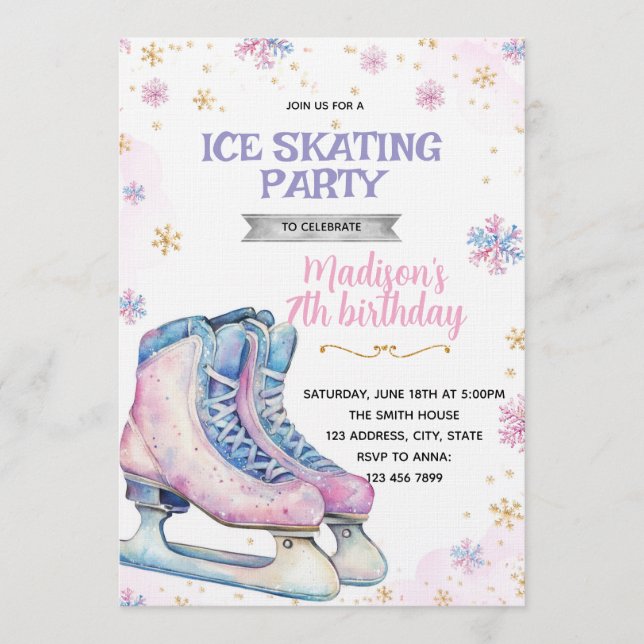 Invitation de patinage sur glace hivernal rose (Devant)