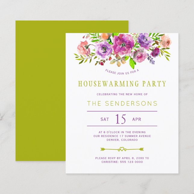 Invitation de pendaison de crémaillère à fleurs vi (Devant / Derrière)