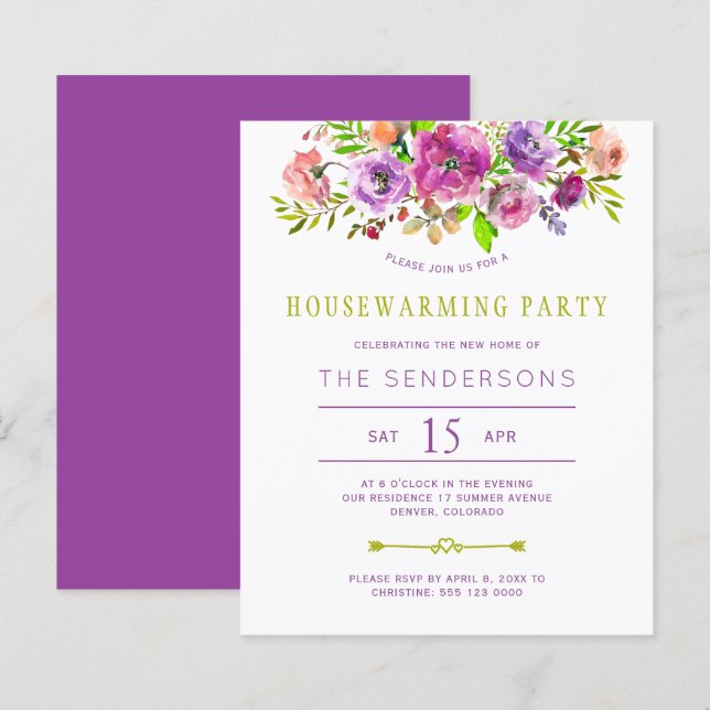 Invitation de pendaison de crémaillère à fleurs vi (Devant / Derrière)