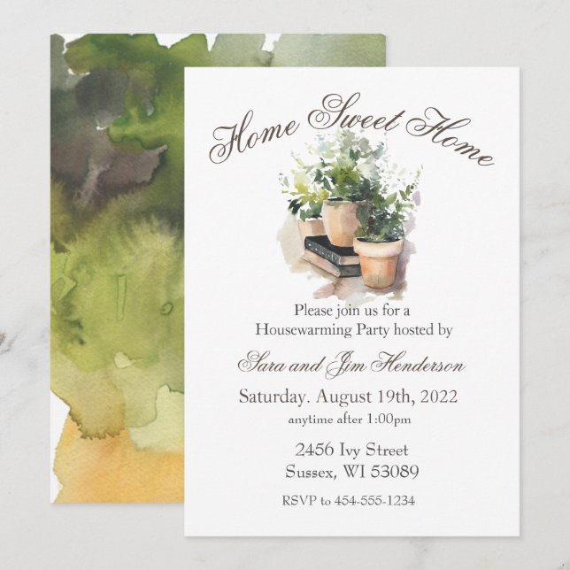 Invitation de pendaison de crémaillère avec plante (Devant / Derrière)