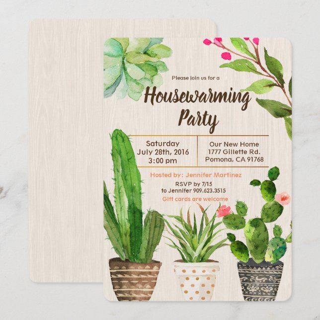 Invitation de pendaison de crémaillère Cactus Succ (Devant / Derrière)