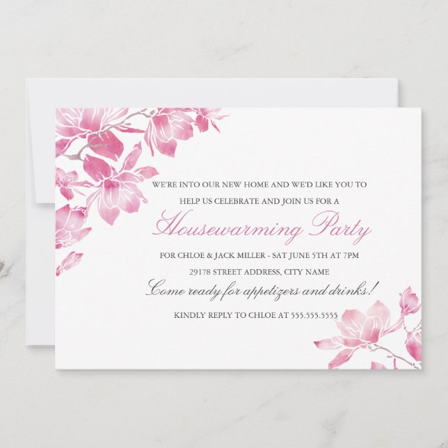 Invitation de pendaison de crémaillère Fleurs rose (Devant)