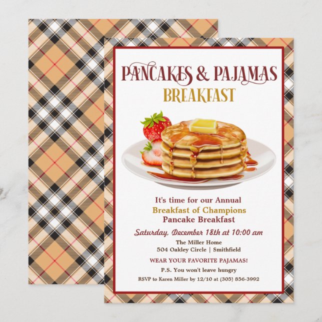 Invitation de petit-déjeuner Crêpes et Pyjamas (Devant / Derrière)