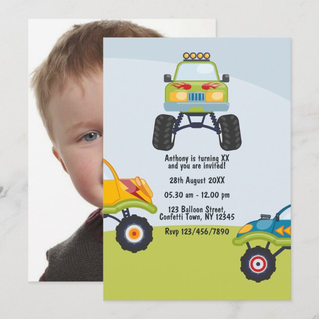 Invitation de photo d'anniversaire de camion monst (Devant / Derrière)