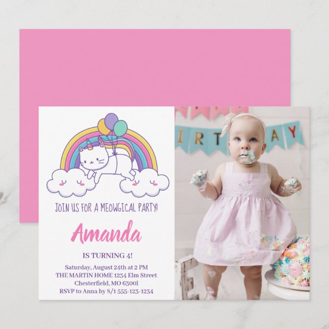 Invitation de photo d'anniversaire de Caticorne Ar (Devant / Derrière)